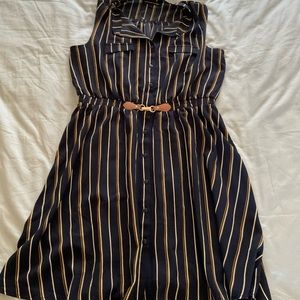 Always Indigo Women's plus 1x size dark blue brown striped flow dress lined.